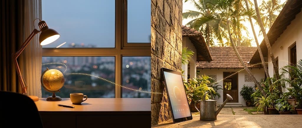 Split scene: a home desk at dusk with a world globe on the left, and a sunlit Chennai courtyard with a tablet showing a live property status on the right, joined by a glowing dotted line