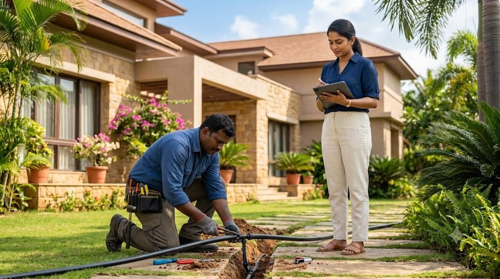 A Landbazzar property manager supervising a technician's irrigation repair at a Chennai villa