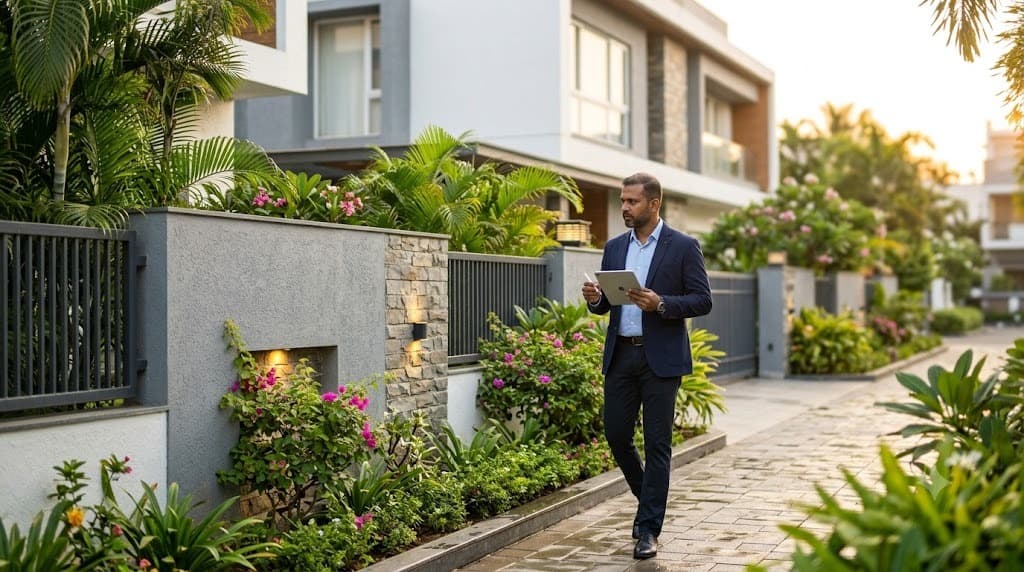 A Landbazzar property manager walking through a Chennai villa's garden during a routine inspection, tablet in hand