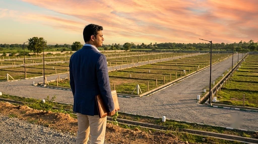 A man in a suit looking out over a neat plotted land layout at golden hour, holding a folder of documents