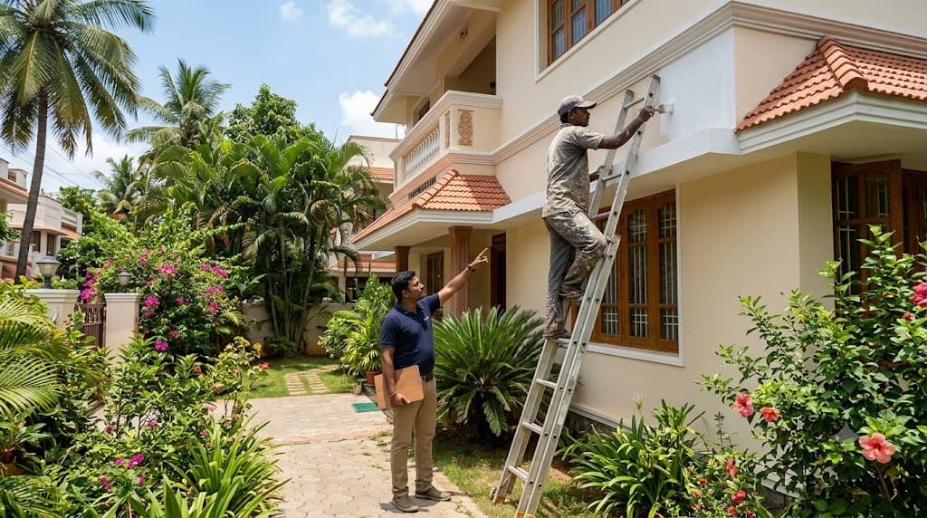 A Landbazzar property manager supervising a painter touching up a Chennai house's exterior wall