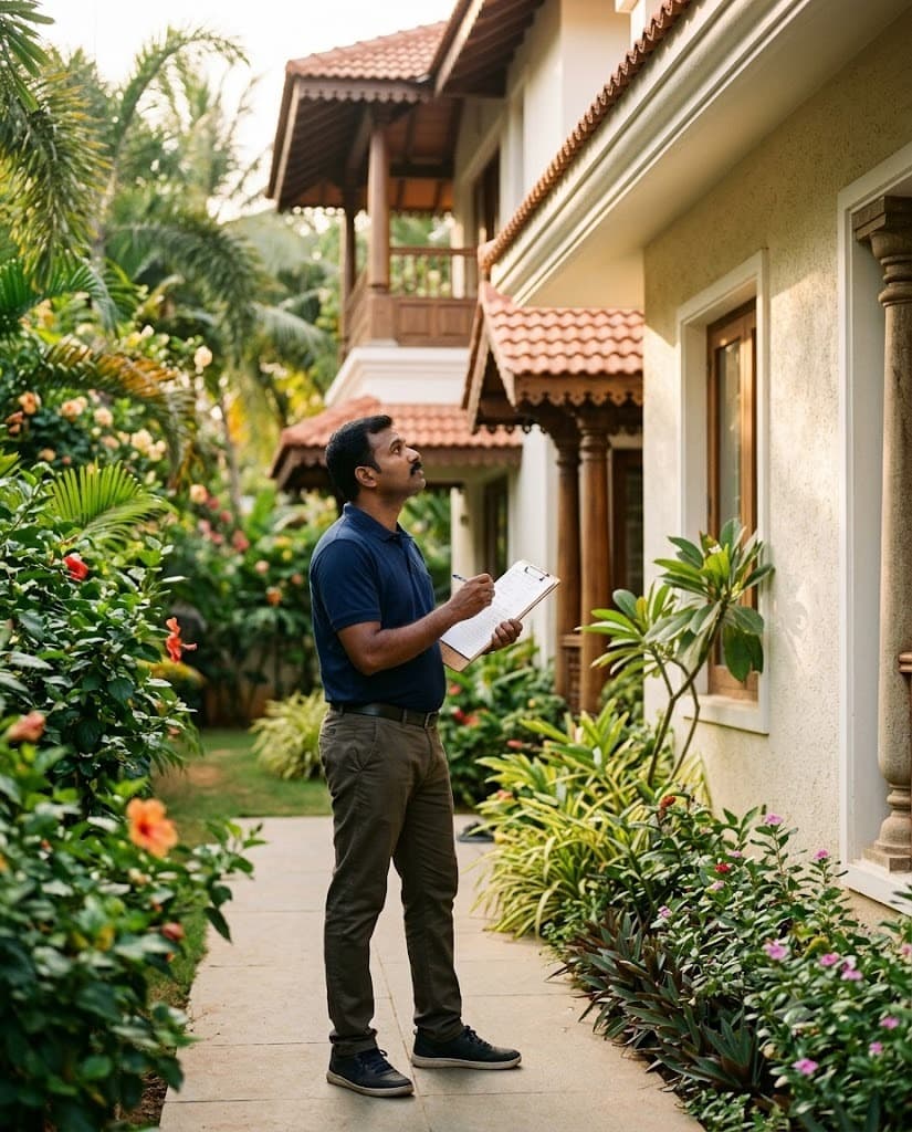 A Landbazzar property manager checking a house's condition against a clipboard checklist