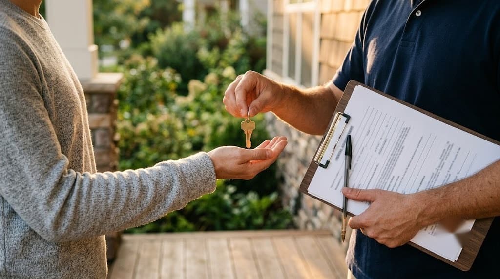 A property manager handing over a house key to a new tenant on a porch