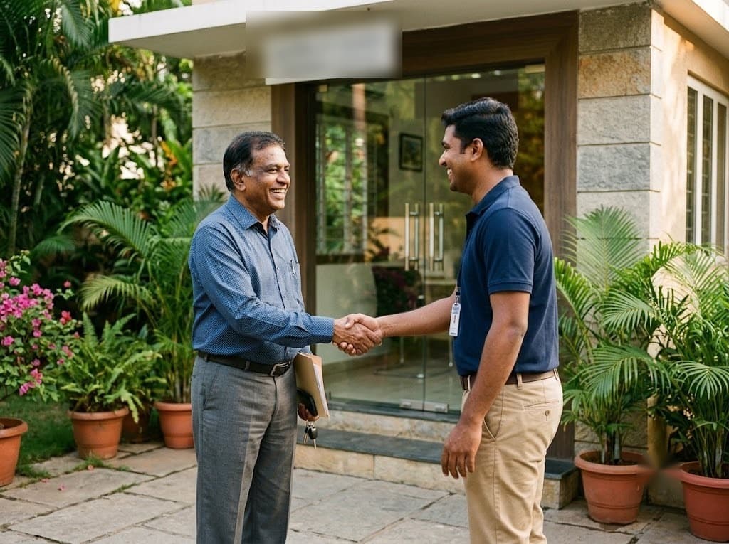 A Landbazzar property manager shaking hands with a long-time customer outside the customer's house