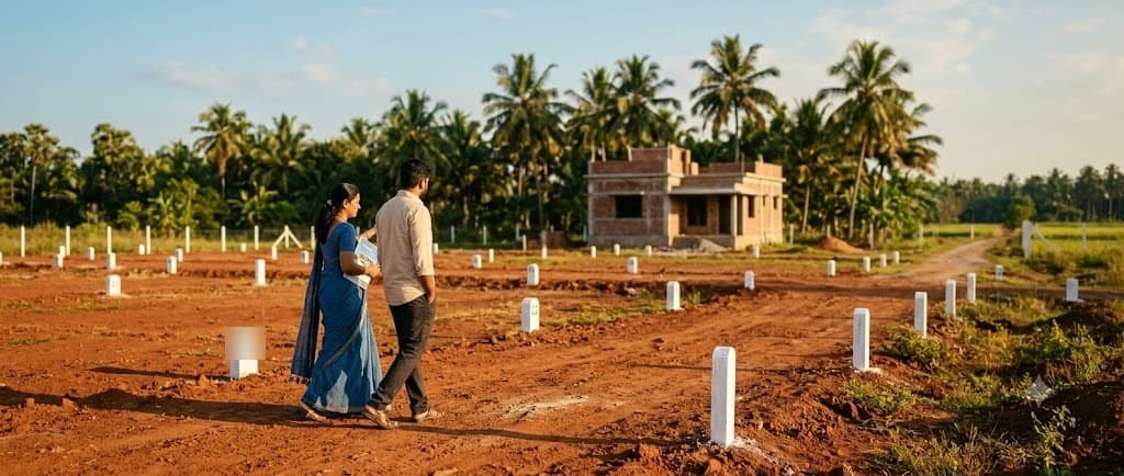 A couple walking a sunlit, staked-out plotted layout with a Landbazzar team member, a part-built house and coconut palms in the background